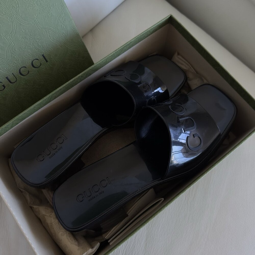 NEW GUCCI BLACK Rubber Logo Platform Block Heel Slide Sandals Size 10 US 40 EU - Picture 5 of 8